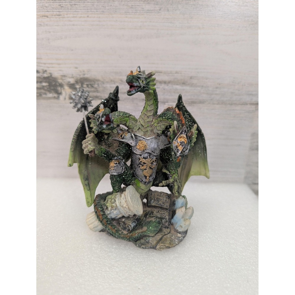 3 Headed Green Dragon Figurine Resin Statue Armor Mace Fantasy Decor 5.25 in